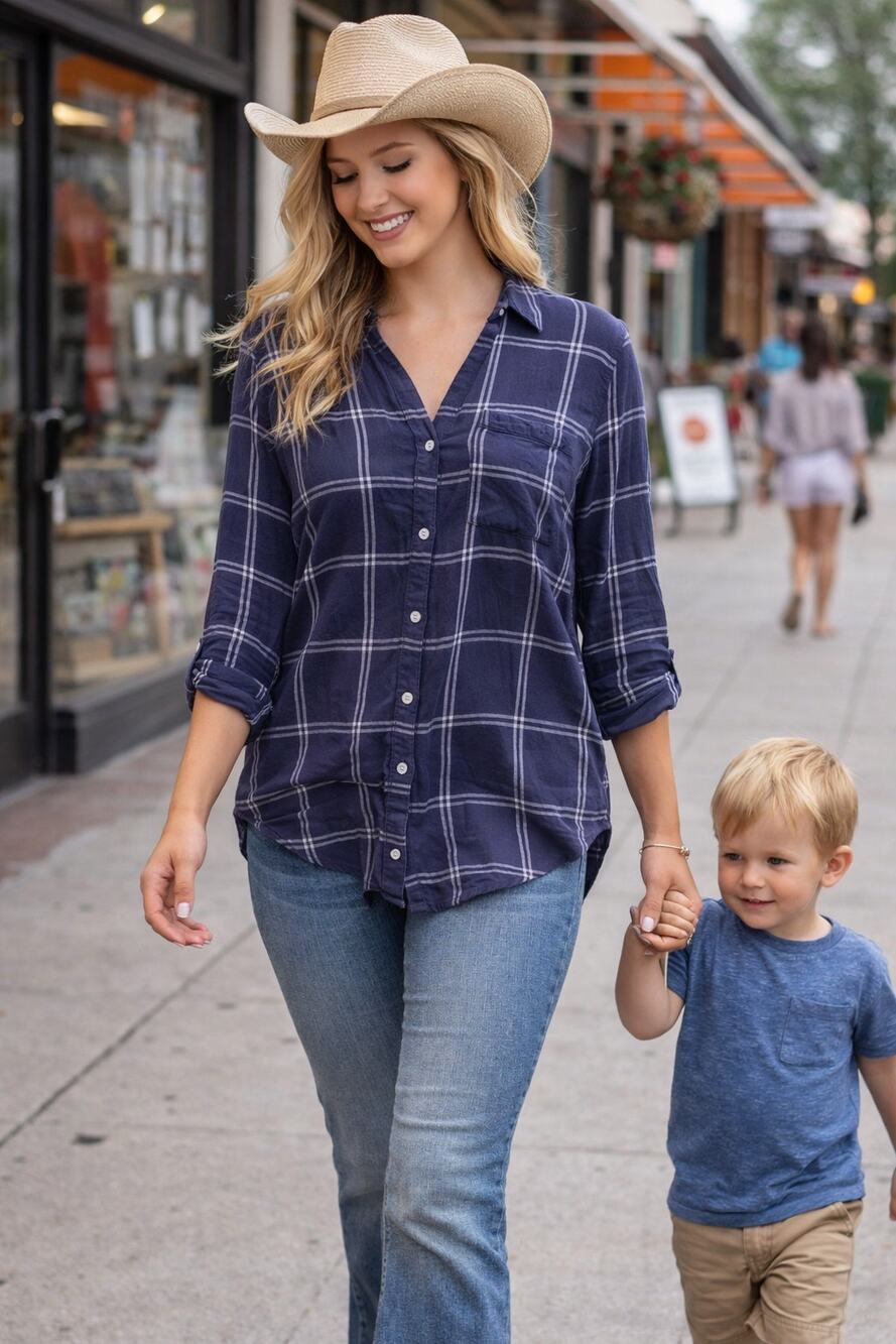 Women Navy Windowpane Button Up Shirt M High Low 3/4 Sleeve